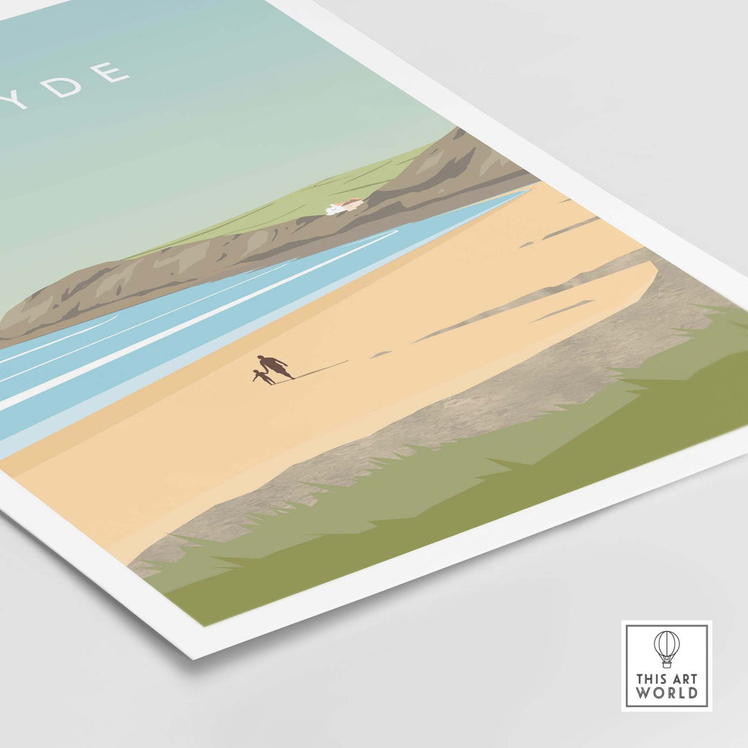 Croyde Poster Print Wall Art featuring a serene beach scene with a person walking on the sand.