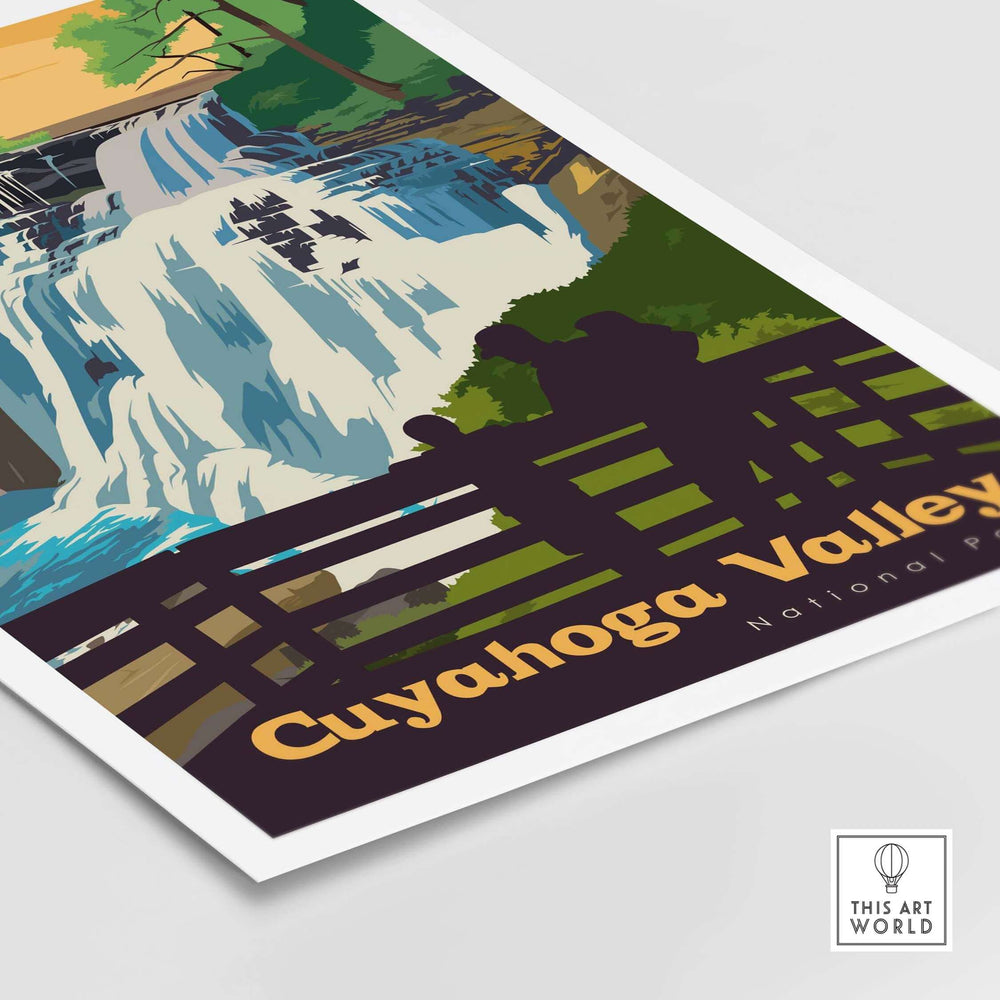 Cuyahoga Valley National Park poster featuring a waterfall and vintage design for home decor.