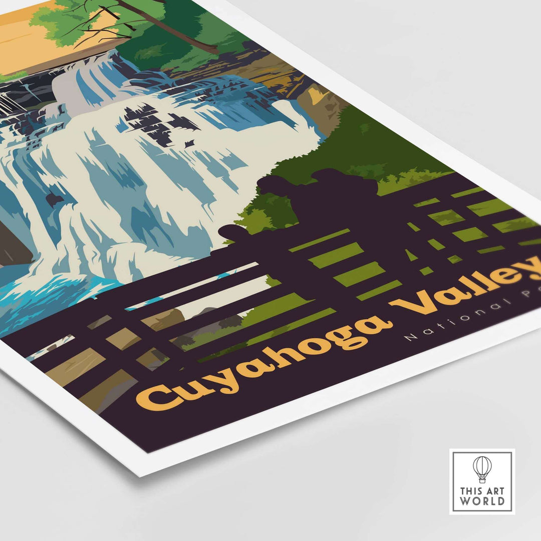 Cuyahoga Valley National Park poster featuring a waterfall and vintage design for home decor.