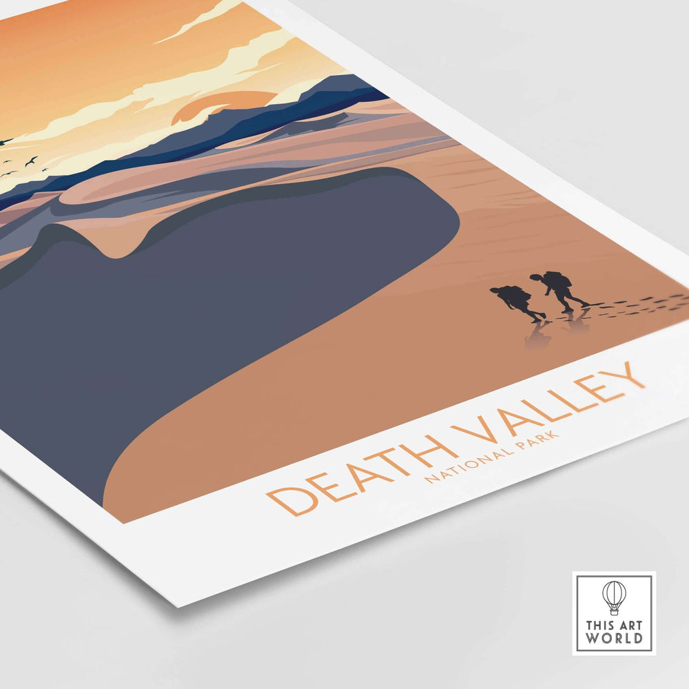 Death Valley National Park art print featuring a minimalist design with hikers and desert landscape.