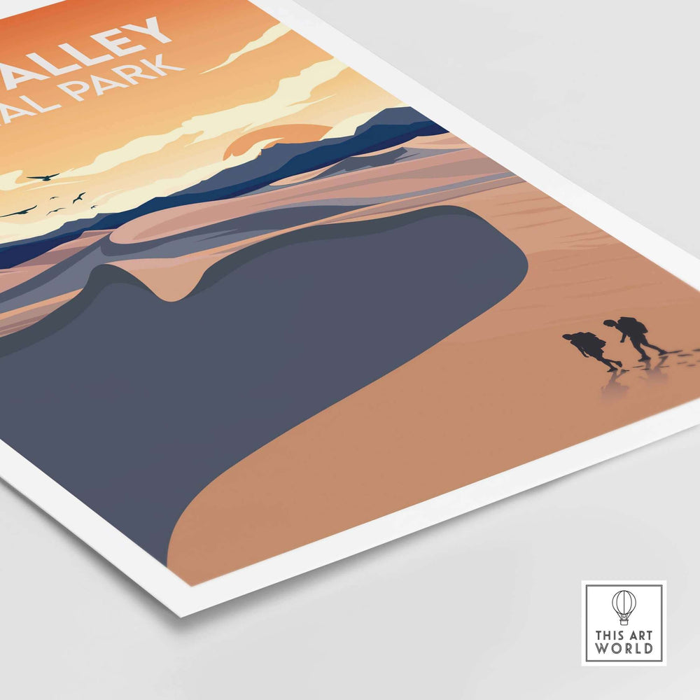 Minimalist Death Valley National Park poster with hikers, desert landscape, and sunset colors.