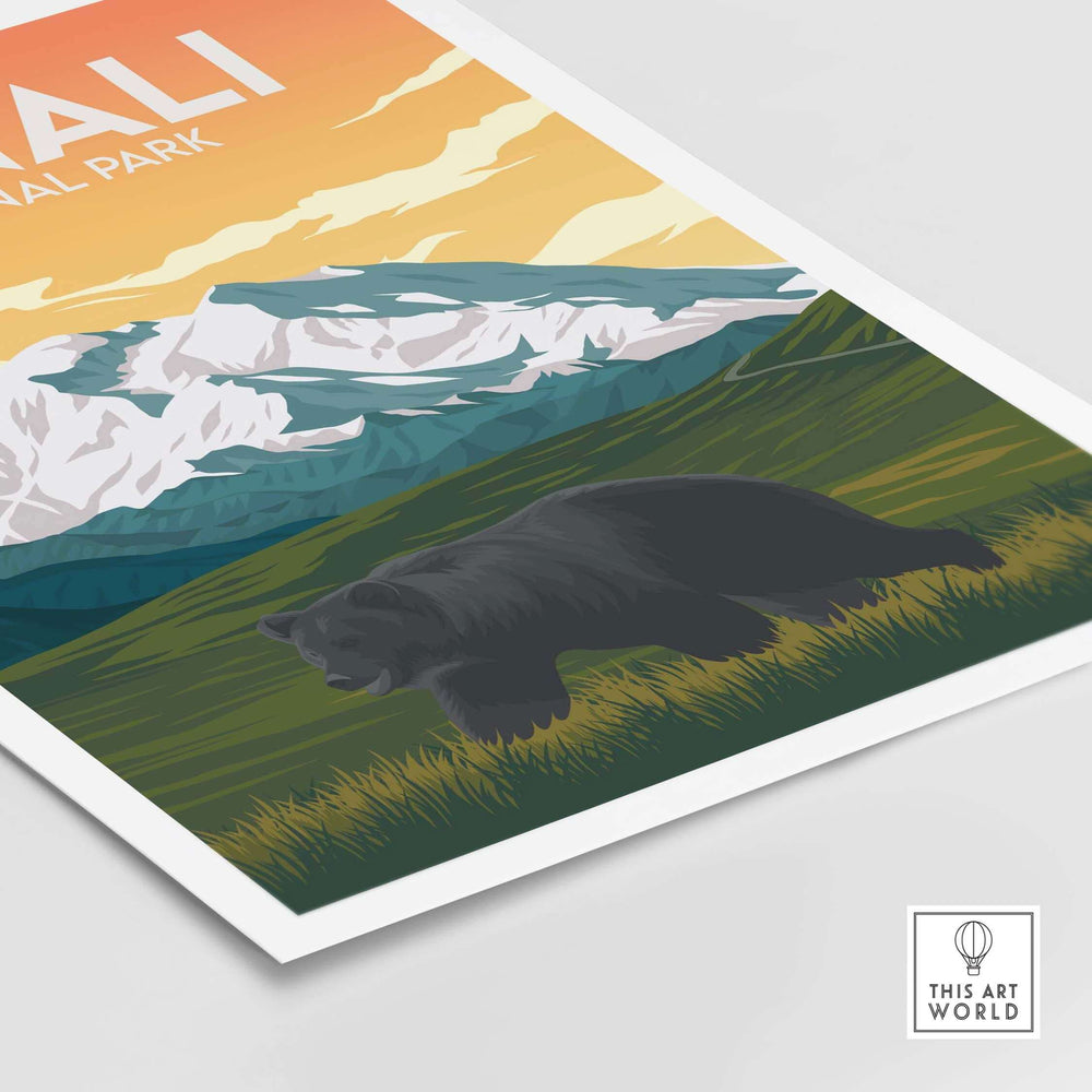 Denali Print National Park Poster featuring a bear and mountains in a minimalist design, perfect for home or office decor.