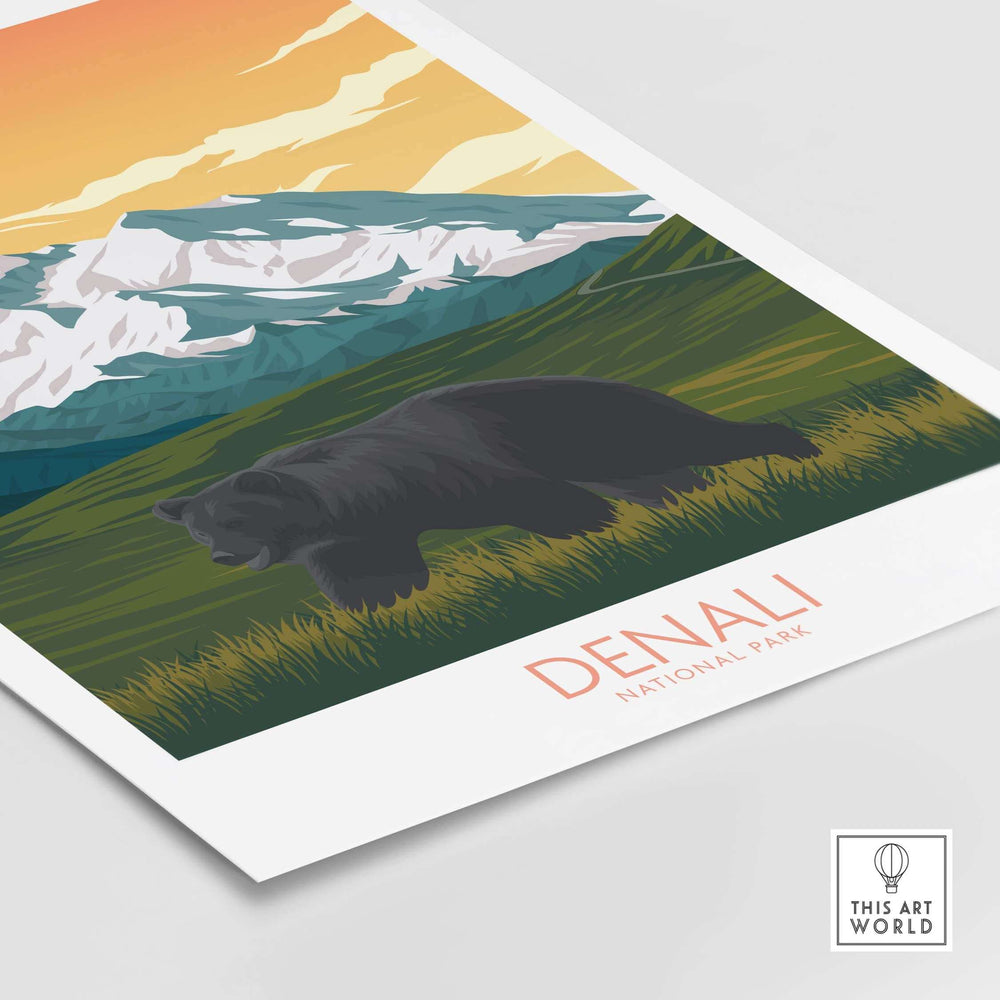 Denali National Park art print featuring a bear and scenic mountains in a minimalist style.