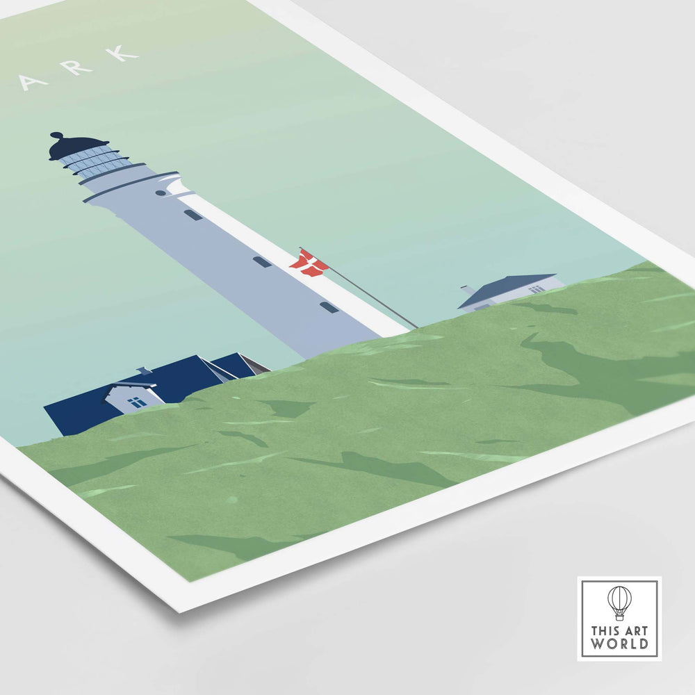 Denmark Print Wall Art Poster featuring a lighthouse and green landscape, inspired by vintage travel art.