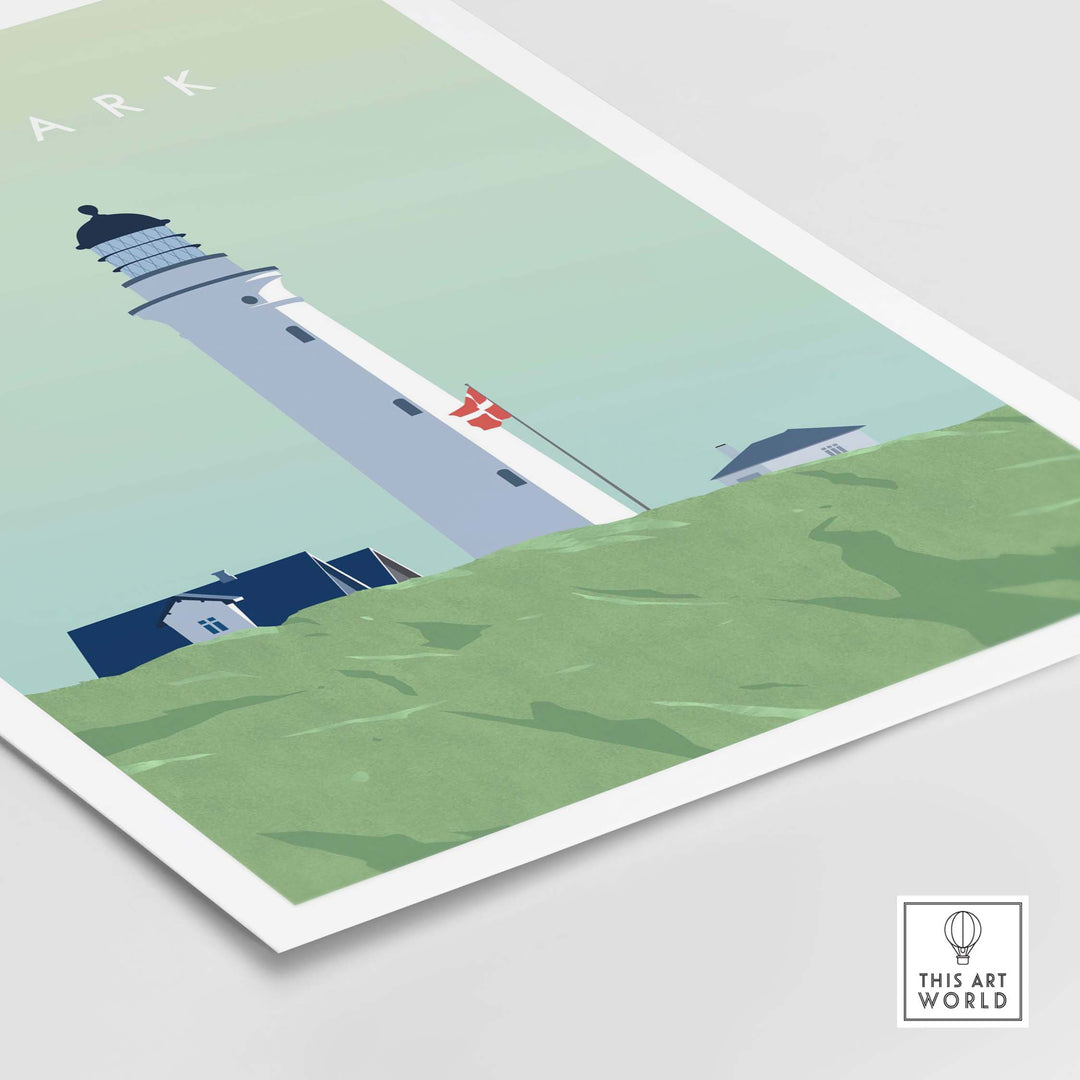 Denmark Print Wall Art Poster featuring a lighthouse and green landscape, inspired by vintage travel art.