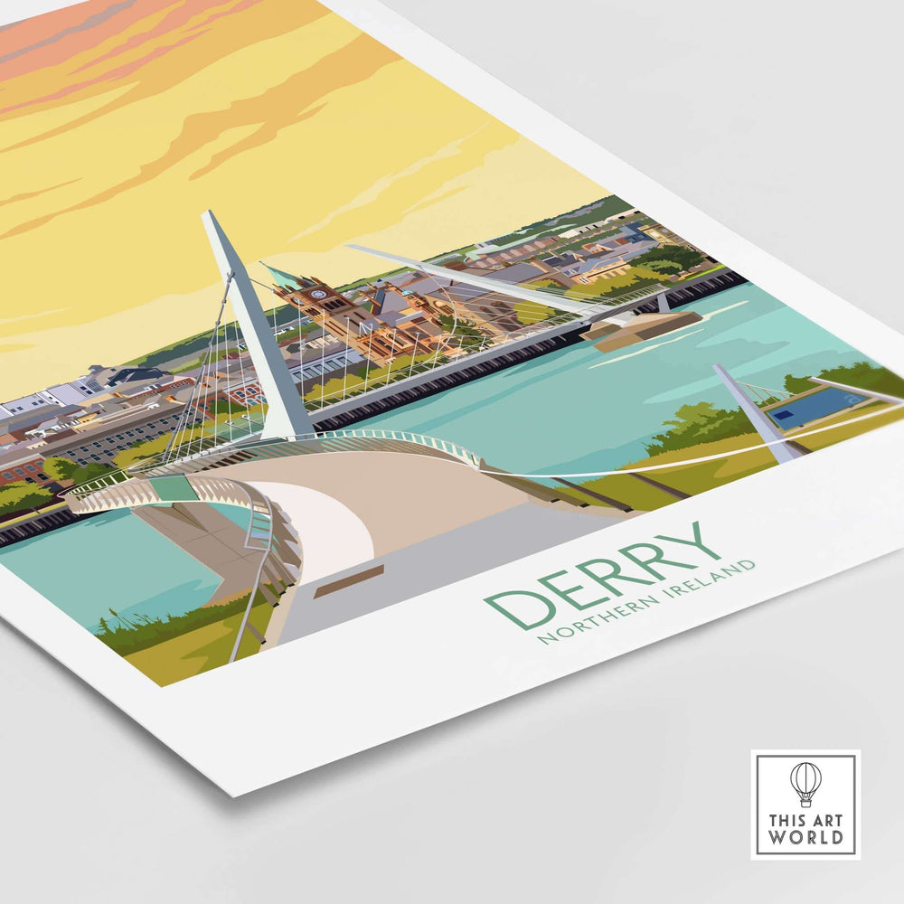 Derry Print poster showcasing the iconic Peace Bridge in Northern Ireland, inspired by vintage travel art.