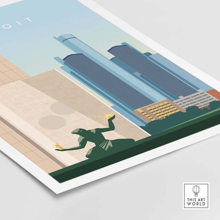 Detroit travel poster print featuring skyline and iconic architecture in a minimalist vintage style.