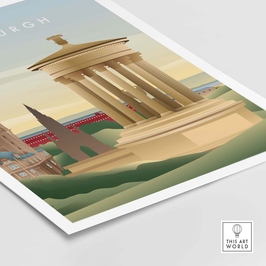 Edinburgh Wall Art Poster showcasing iconic architecture in a vintage travel style, perfect for home or office decor.