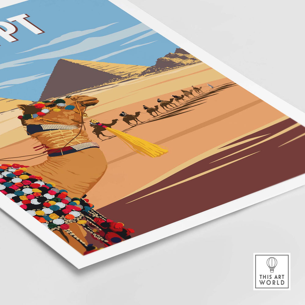 Egypt wall art print featuring a camel and pyramids, evoking vintage travel nostalgia in a minimalist style.