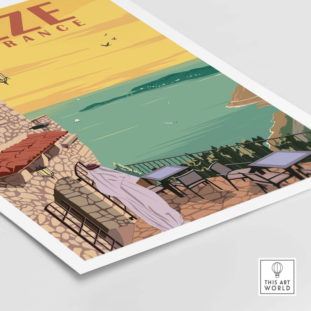 Eze France poster print wall art featuring vibrant coastal scenery and vintage style.