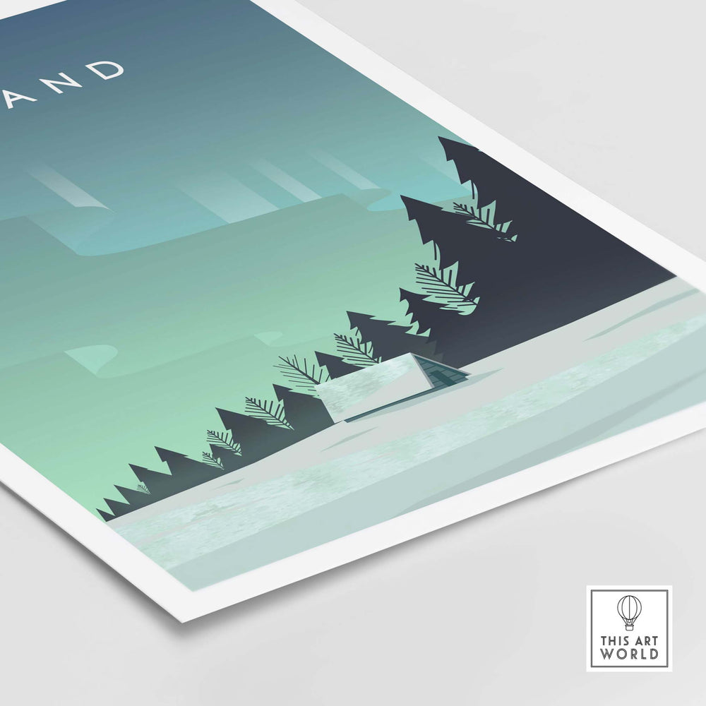 Finland Print Wall Art Poster featuring Northern Lights and forest scenery, perfect for home or office decor.