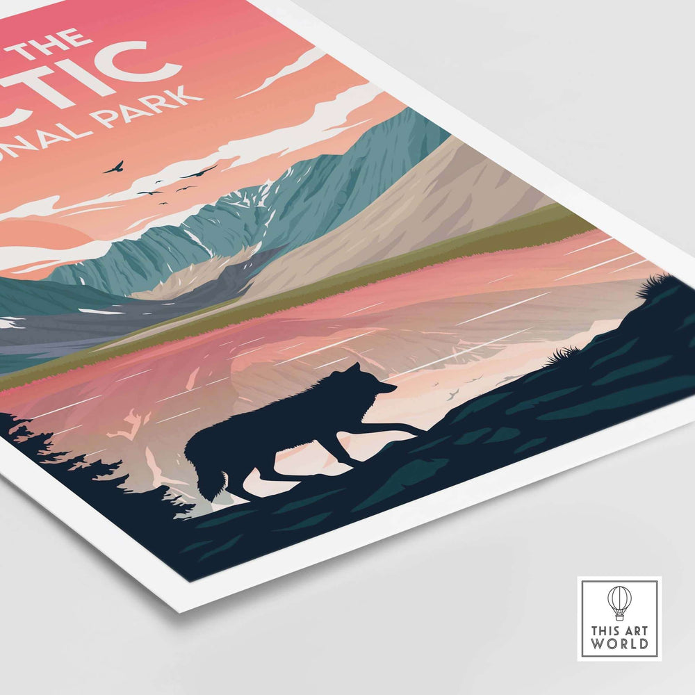 Gates of the Arctic poster featuring a wolf silhouette against a colorful landscape, evoking travel wanderlust.