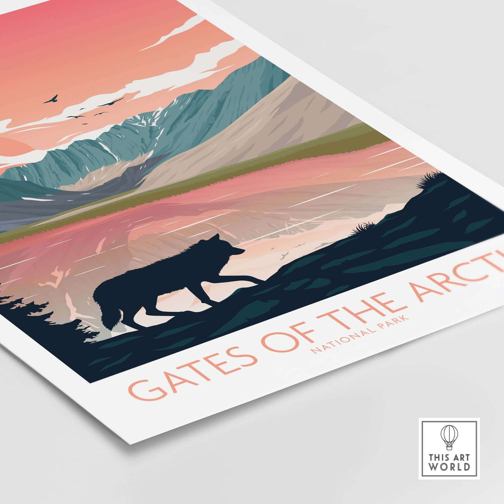Gates of the Arctic National Park poster art print featuring a wolf silhouette against a colorful landscape.