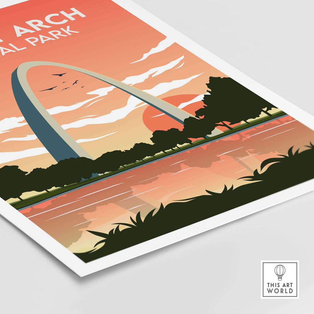 Gateway Arch Print featuring the iconic monument and sunset, perfect for travel enthusiasts and home decor.