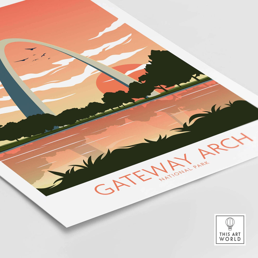 Gateway Arch National Park art print featuring minimalist design, vivid colors, and reflections on water.