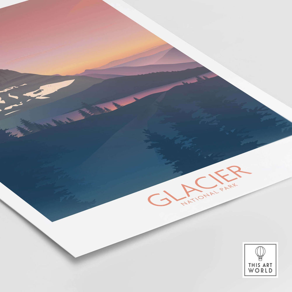 Glacier National Park Art Print showcasing minimalist design and vibrant sunset colors.