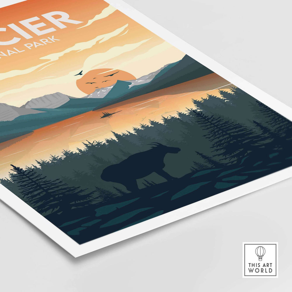 Glacier National Park poster featuring a moose silhouette, mountains, and a sunset in a minimalist design.