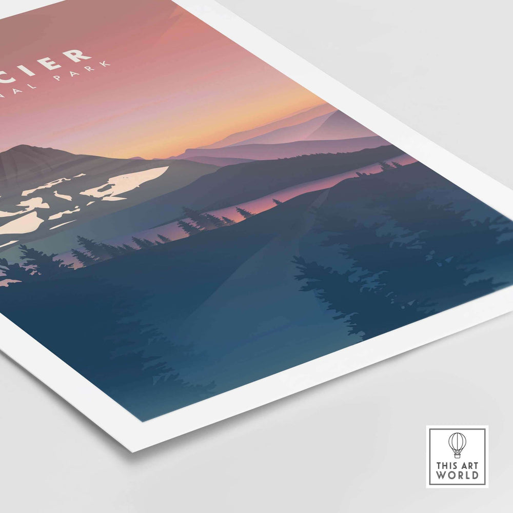 Glacier National Park art print featuring a stunning landscape with vintage travel poster design.