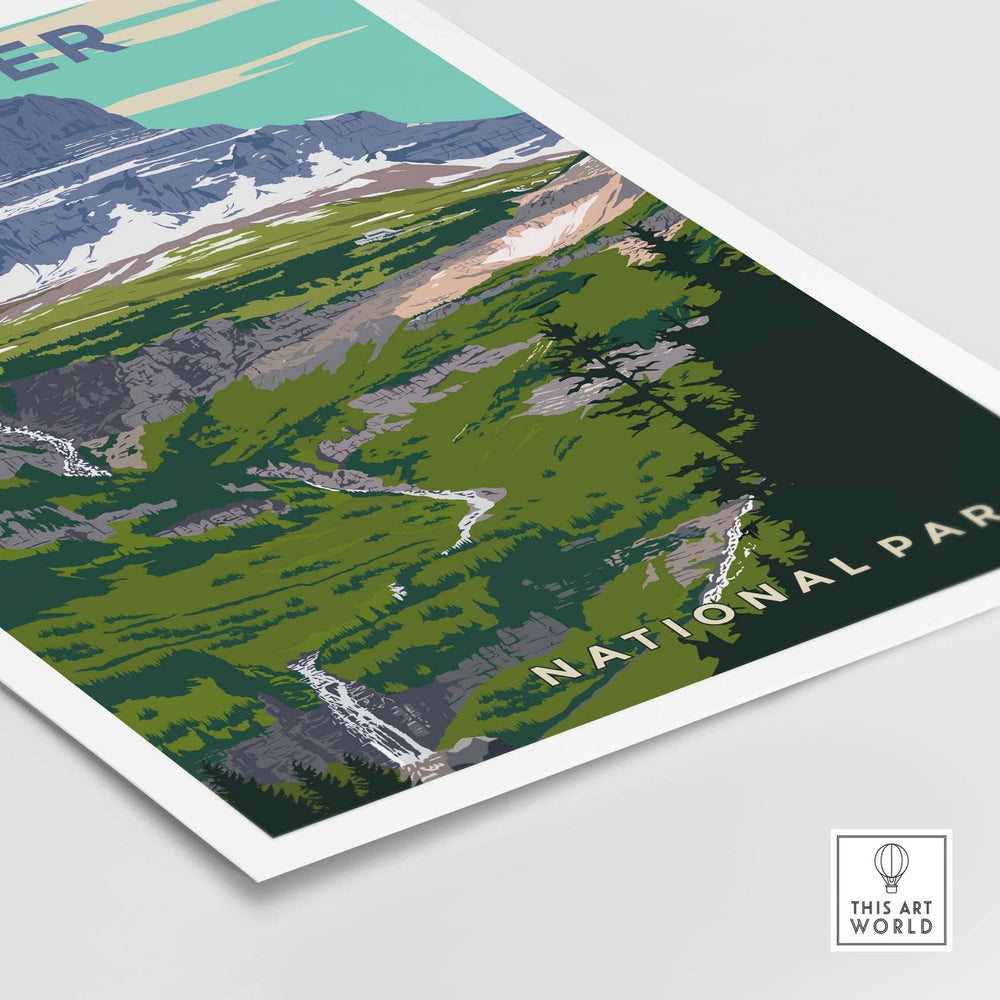 Vintage Glacier National Park print featuring lush landscapes and scenic mountains, perfect for home decor.