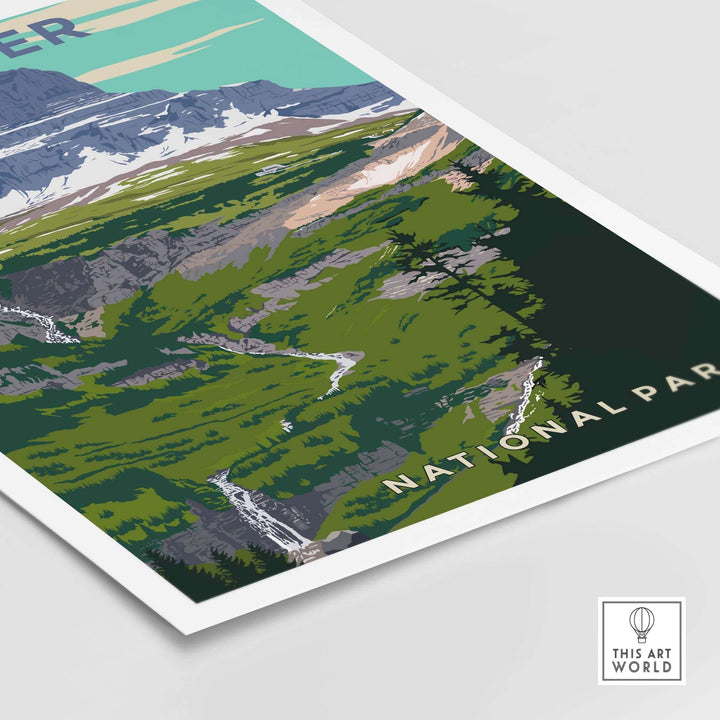 Vintage Glacier National Park print featuring lush landscapes and scenic mountains, perfect for home decor.