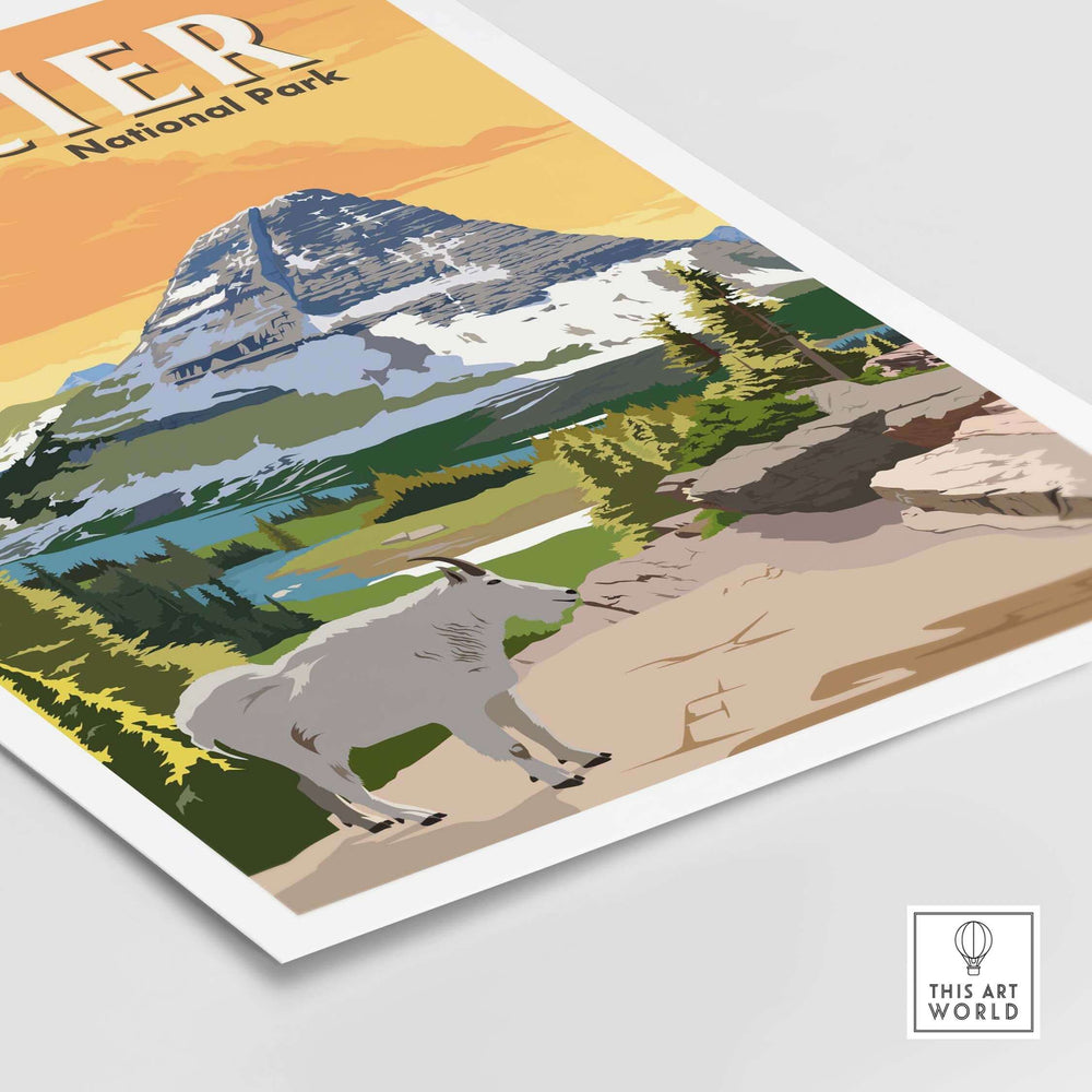 Glacier National Park vintage-style poster print featuring a mountain landscape and a mountain goat.