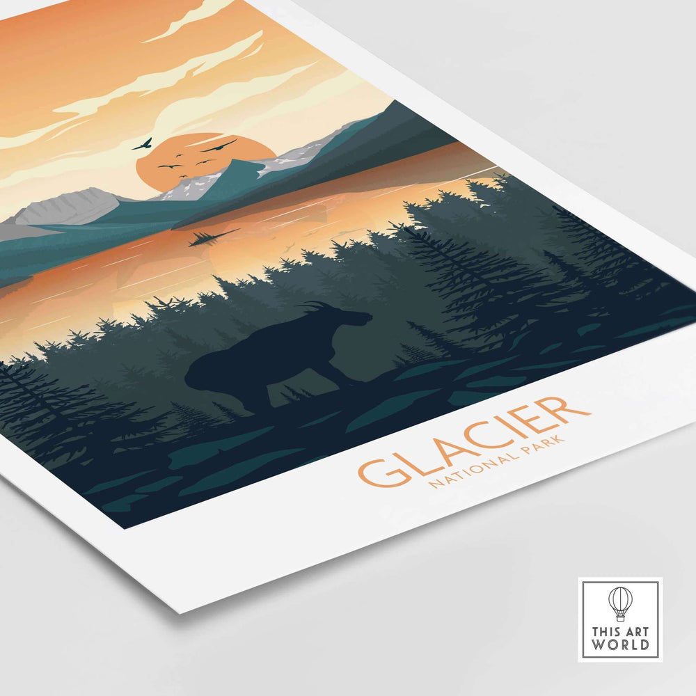 Glacier National Park poster featuring mountains, a moose silhouette, and a sunset in minimalist art style.