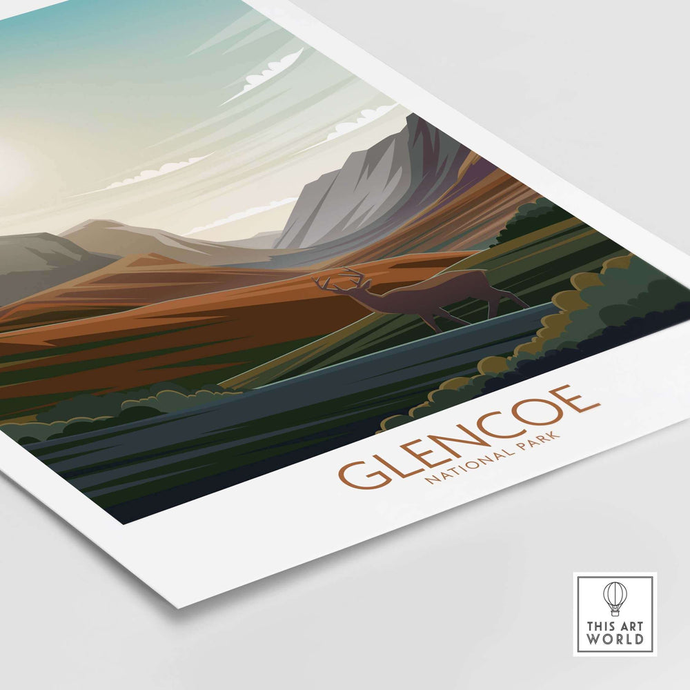 Glencoe National Park art print with mountains and a deer, showcasing modern minimalist design and nature-inspired theme.