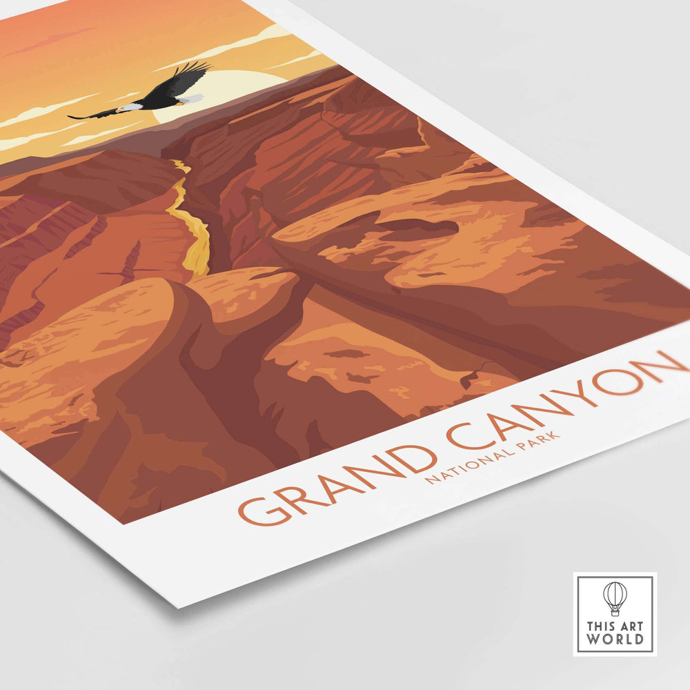 Grand Canyon National Park poster featuring vibrant colors and a majestic eagle soaring over the canyon landscape.
