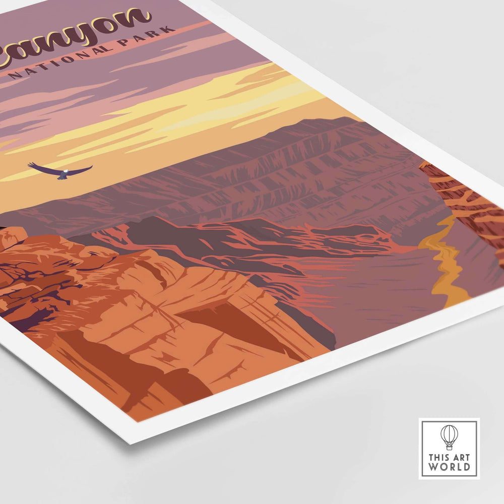Vintage-inspired Grand Canyon National Park print showcasing stunning desert landscapes and a sunset sky.