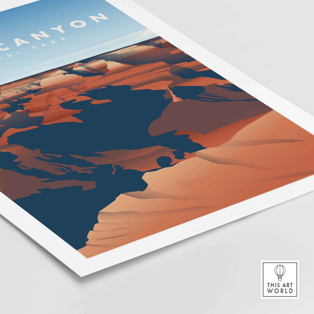 Grand Canyon National Park art print featuring vibrant colors and vintage style, perfect for home or office decor.