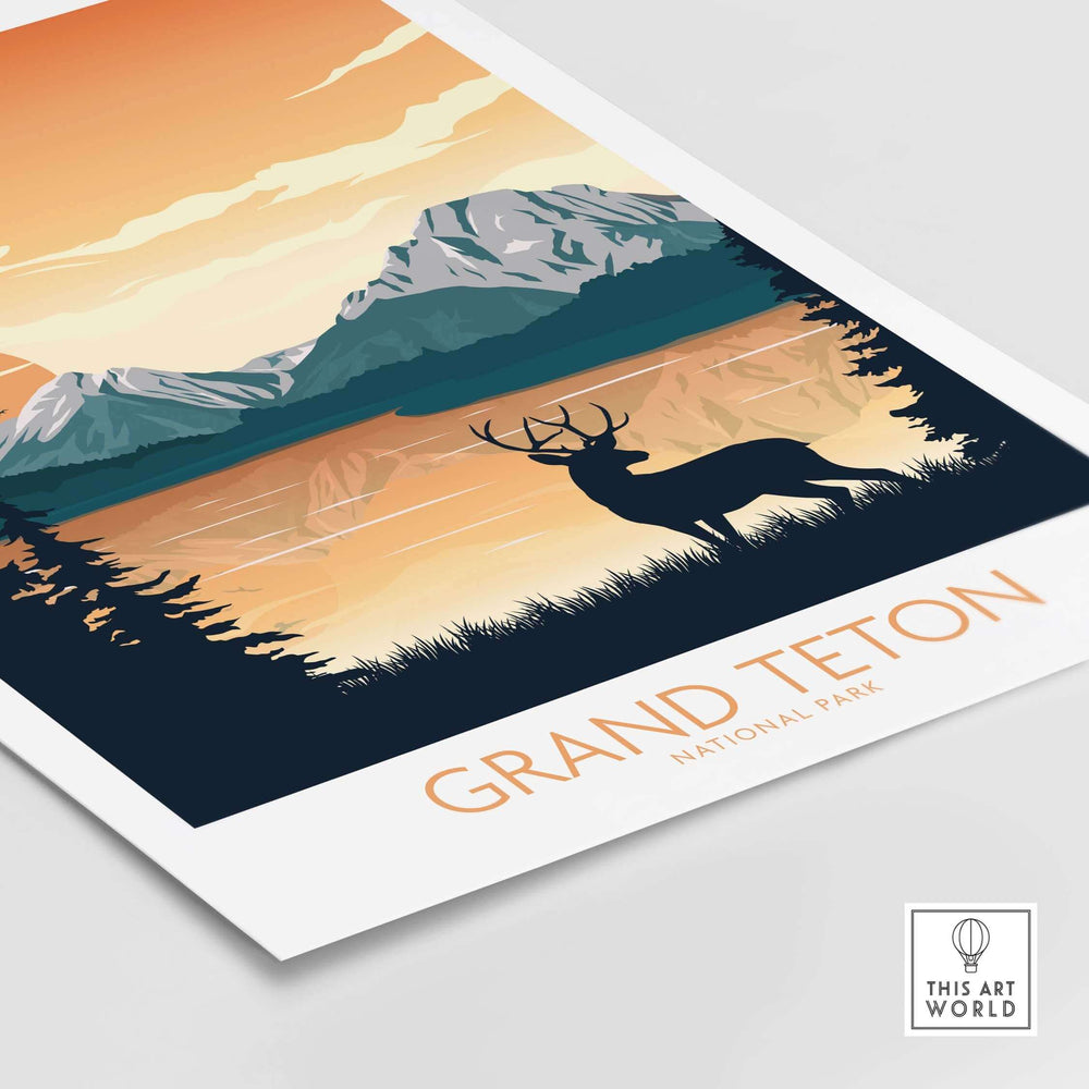 Grand Teton National Park poster featuring mountains, a silhouette of a deer, and a colorful sunset design.