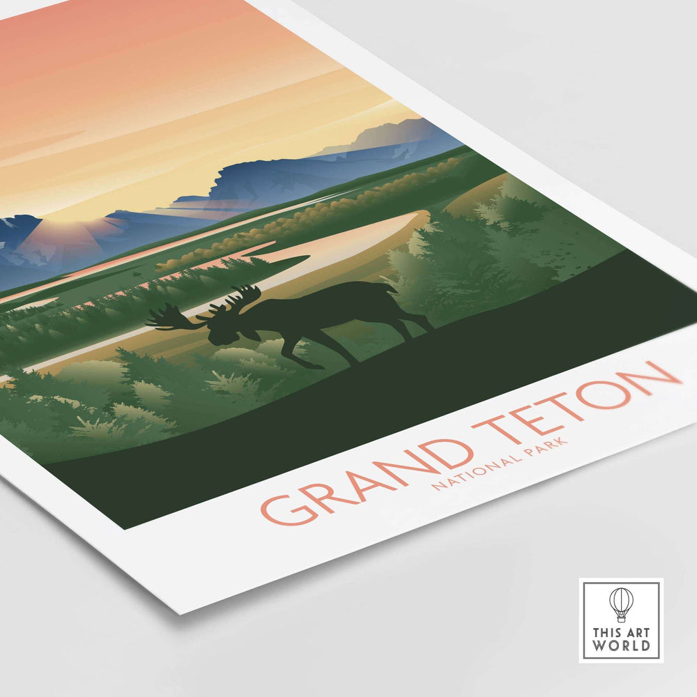 Art print of Grand Teton National Park featuring a moose silhouette and minimalist landscape design.