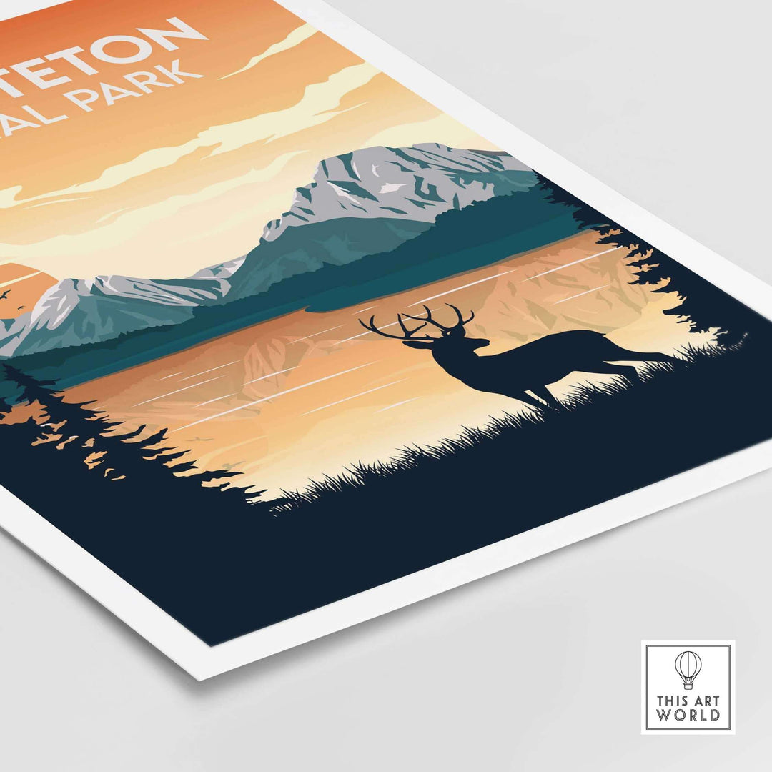 Grand Teton National Park print with silhouette of deer, mountains, and sunset, showcasing minimalist wall art.