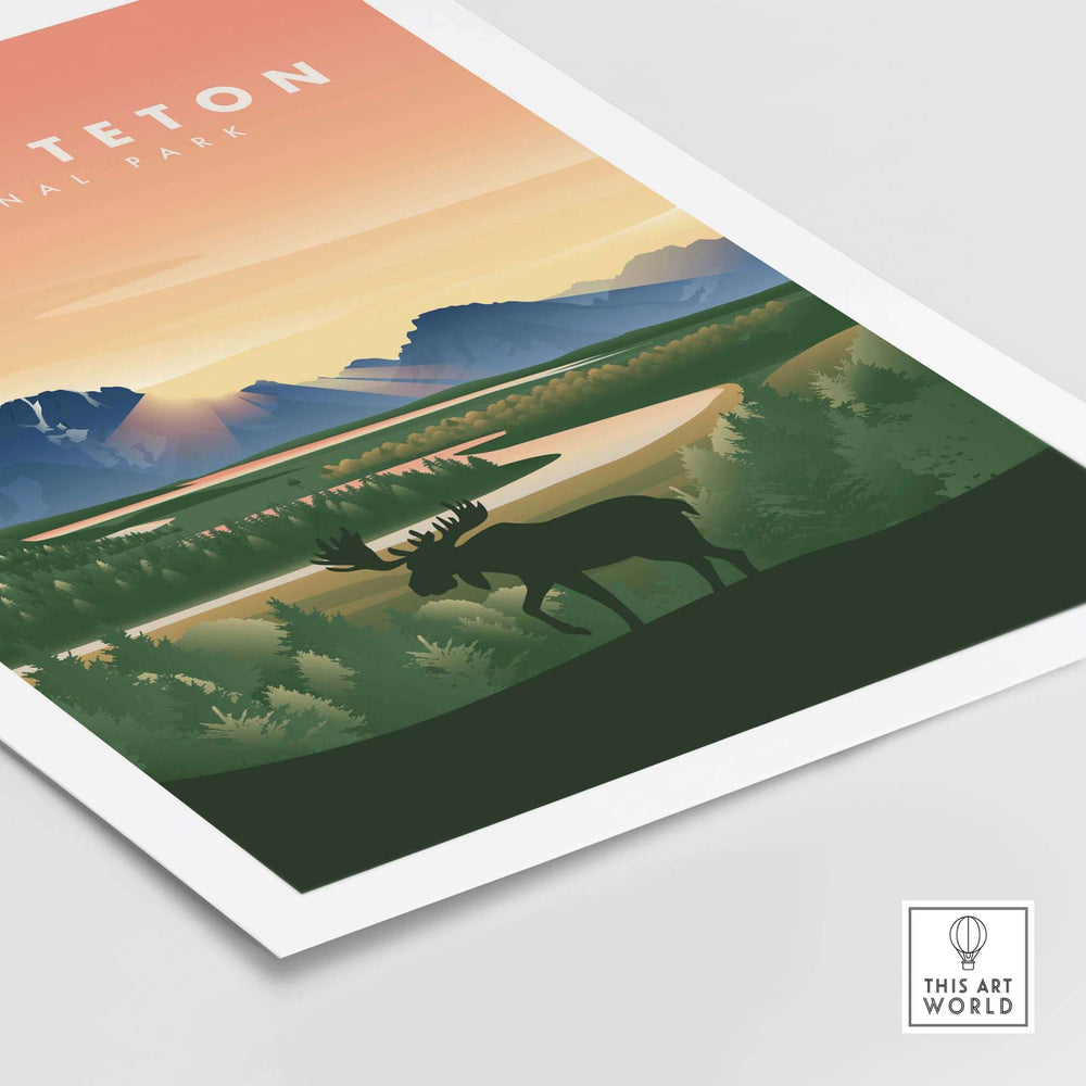 Grand Teton National Park vintage travel poster featuring a moose silhouette against a colorful landscape.