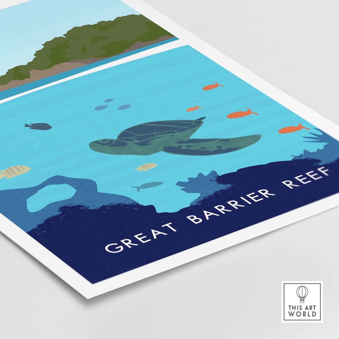 Great Barrier Reef print featuring a sea turtle and colorful fish in a minimalist style, perfect for wall art decor.