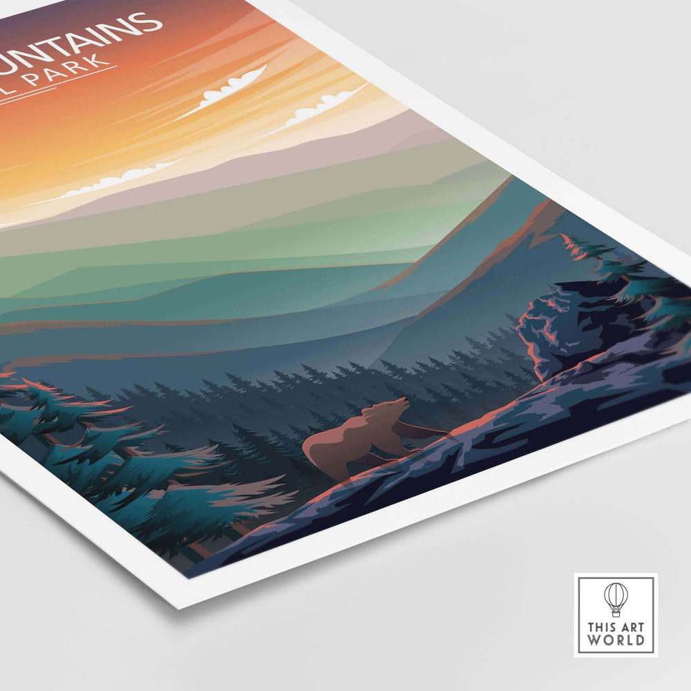 Great Smoky Mountains print featuring a bear with vibrant sunset colors, showcasing the beauty of nature and National Parks.