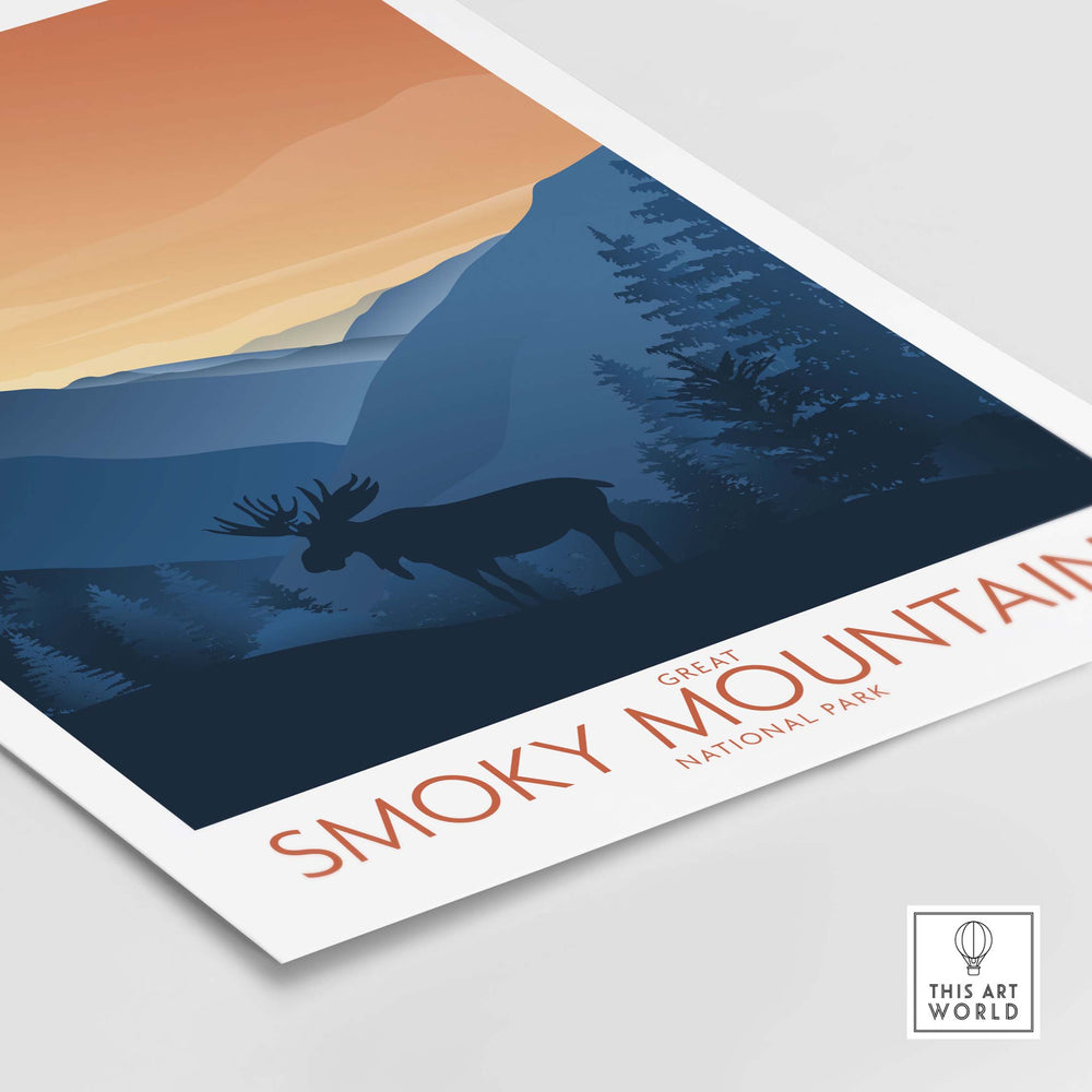 Smoky Mountains National Park Art Print featuring a silhouette of a moose against a minimalist landscape at sunset.
