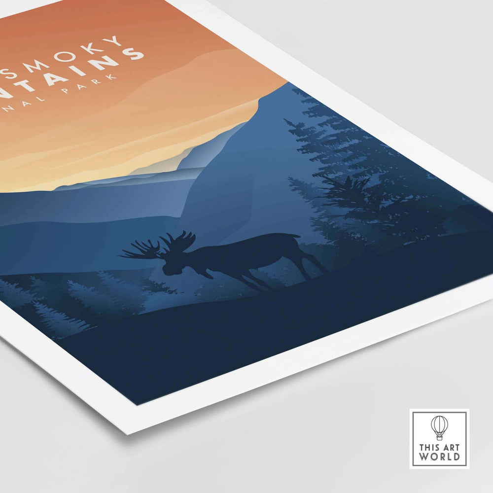 Great Smoky Mountains Art print featuring a silhouette of a moose against a scenic mountain landscape.