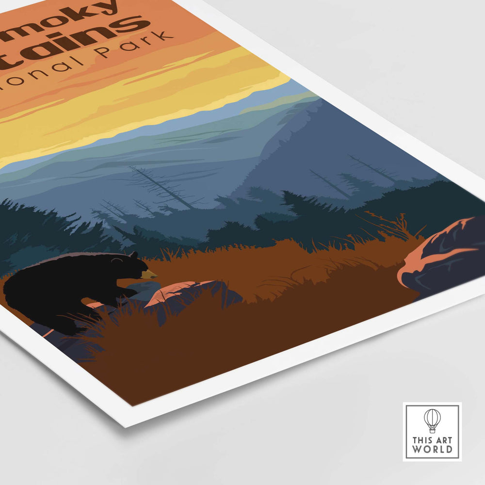 Smoky Mountains National Park print featuring a bear and sunset, perfect for outdoor lovers' wall decor.