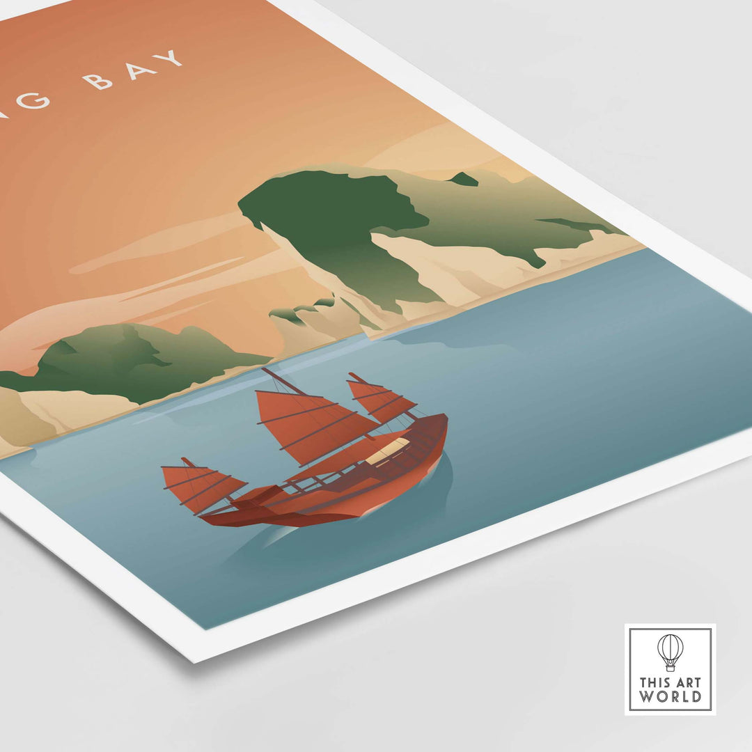 Ha Long Bay wall art poster featuring a vintage-inspired illustration of a junk boat and scenic landscape.