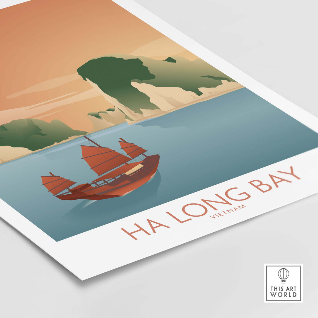 Ha Long Bay Vietnam print featuring traditional boat and scenic landscape in vintage art style.