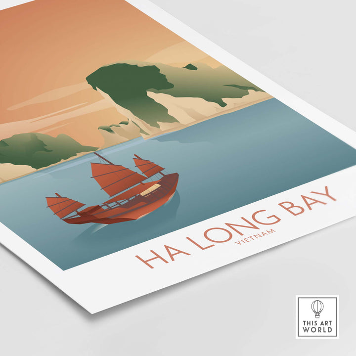 Ha Long Bay Vietnam print featuring traditional boat and scenic landscape in vintage art style.