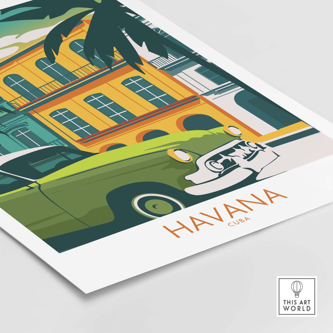 Havana Cuba poster print featuring vintage car and colorful buildings, perfect wall art for travel lovers.