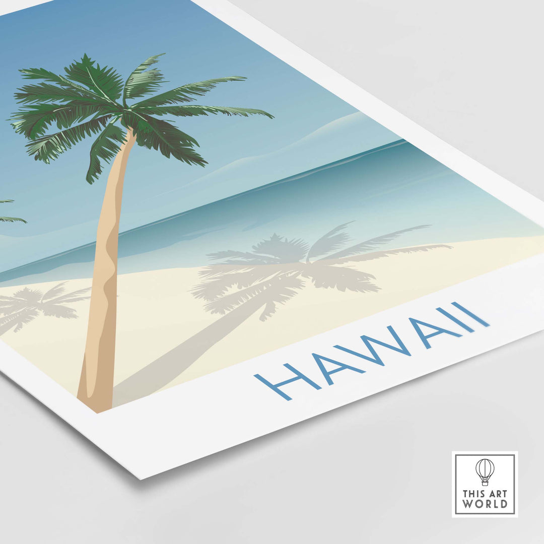 Hawaii Beach Wall Art Print featuring palm trees and a serene ocean view, inspired by vintage travel posters.
