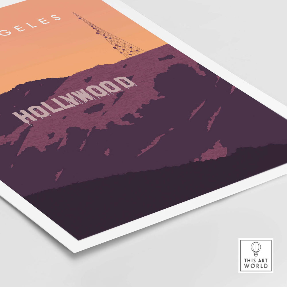 Vintage Hollywood Sign Print Wall Art Poster featuring vibrant colors and iconic Los Angeles skyline.