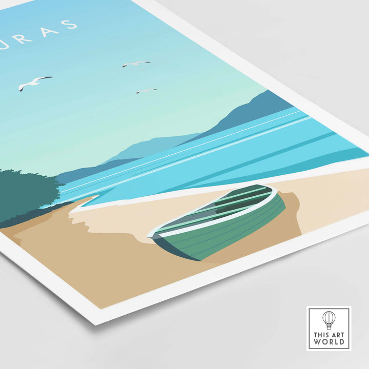 Honduras Print featuring a serene beach scene with a green boat and blue ocean, inspired by vintage travel posters.