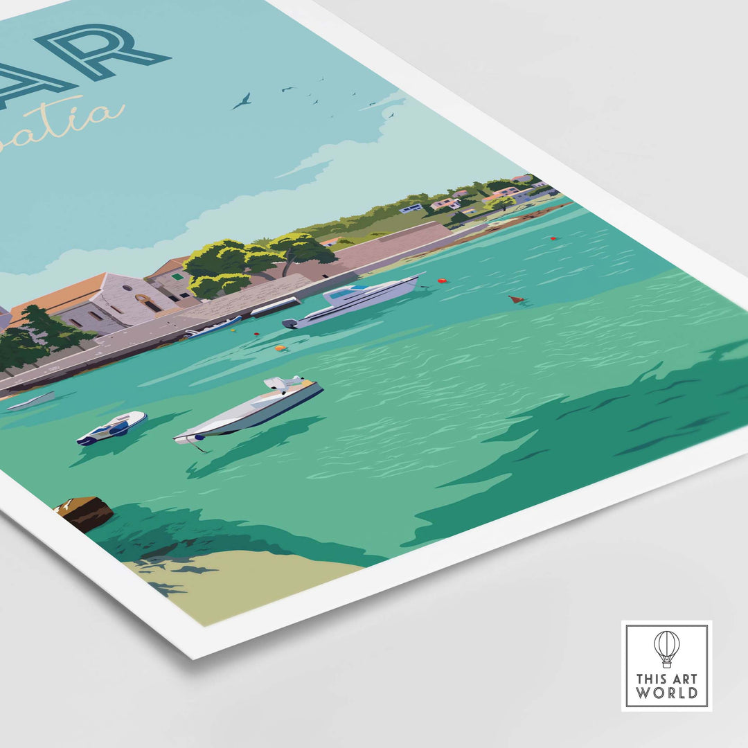 Hvar Croatia print poster wall art featuring a serene waterfront scene with boats and vibrant colors.