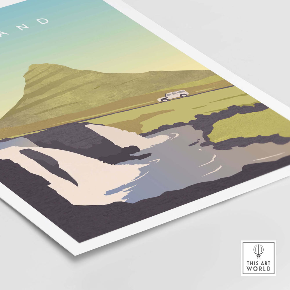 Iceland Print Wall Art Poster featuring vibrant landscapes and a vehicle, ideal for nature lovers and travel enthusiasts.