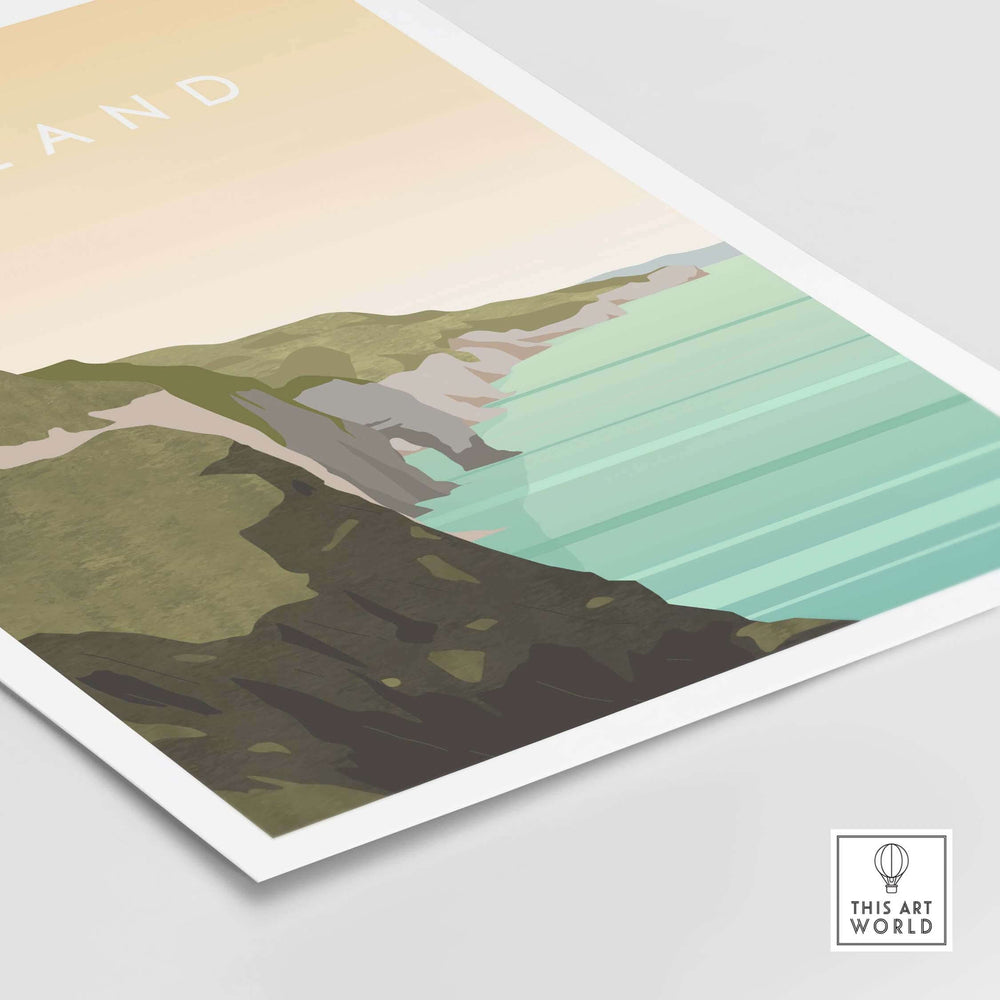 Ireland print wall art travel poster featuring a scenic coastal landscape with vibrant colors.