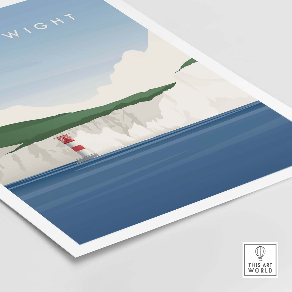 Isle of Wight Wall Art Poster featuring cliffs and lighthouse in a vintage travel style.